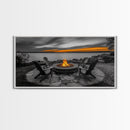 Fire Pit, Sunset Glow, Adirondack Chairs, Lake View, Framed Canvas Print, Fall Wall Art, Rustic Decor, Cozy Living Room Wall Accent