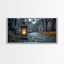 Lantern Glow, Forest Trail, Autumn Leaves, Soft Light, Framed Canvas Print, Fall Wall Art, Rustic Entryway Decor, Nature Photography Print