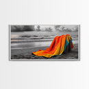 Towel Beach, Ocean Breeze, Coastal Comfort, Relaxing Seascape, Framed Canvas Print, Bathroom Wall Art, Bold Colors, Summer Vibes