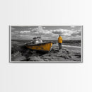 Yellow Boat, Lonely Man, Moody Shore, Framed Canvas Print, Coastal Wall Art, Nautical Decor, Masculine Home Office Style