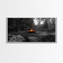 Forest Campfire, Glowing Flames, Outdoor Retreat, Cozy Autumn, Framed Canvas Print, Rustic Wall Decor, Fall Living Room Art, Nature Scene