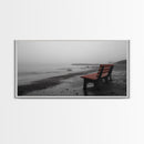 Red Bench Fog, Moody Coastal Morning, Framed Canvas Print, Minimalist Beach Wall Art, Modern Entryway Decor, Black and White Vibes