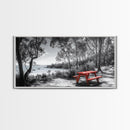 Red Picnic Table, Lakeside Spot, Forest Escape, Outdoor Moment, Framed Canvas Print nature wall art, rustic cabin decor, adventure print