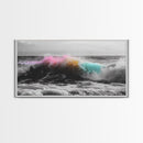 Rainbow Ocean Wave, Vibrant Sea Spray Art, Color Explosion Surf, Framed Canvas Print, Bathroom Wall Art, Coastal Modern Abstract