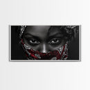 Fierce Eyes, Red Bandana, Bold Portrait, Afro Art, Framed Canvas Print, Bedroom Wall Art, Powerful Gaze, Monochrome With Red Accent