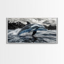 Jumping Dolphin, Ocean Splash, Monochrome Water, Framed Canvas Print, Coastal Wall Art, Bathroom Nautical Decor, Marine Life Photography