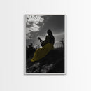 Yellow Dress, Guitar Girl, Sunset Silhouette Scene, Framed Canvas Print, Boho Music Lover Wall Art, Bedroom Fall Vibes Decor