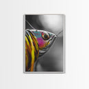 Colorful Lure, Fishing Hook, Bold Scales, Rainbow Detail, Framed Canvas Print, Man Cave Art, Fishing Decor, Vibrant Realism Wall Art