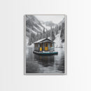 Winter Cabin, Floating House, Snowy Pines, Mountain Lake, Canvas Print, Minimalist Winter Wall Art, Cabin Decor, Neutral Nature Scene