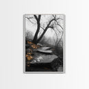 Stone Path, Autumn Trail, Moody Forest, Yellow Leaves, Canvas Print, Fall Nature Wall Art, Rustic Entryway Decor, Misty Woodland Scene