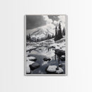 Snowy Mountain, Winter Landscape, Reflection Lake, Canvas Print, Black and White Nature Art, Cabin Wall Art, Adventure Photography
