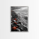 Red Shoreline, Bold Pebbles, Coastal Mood, Canvas Print, Nautical Wall Art, Moody Landscape, Black White Red Art, Nature Lover Gift