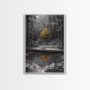 Lone Yellow Tree, Tranquil Pond, Forest Reflection, Canvas Print, Fall Nature Wall Art, Autumn Minimalist Decor, Peaceful Meditation Room