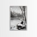 Winter Fishing, Snowy River, Peaceful Solitude, Canvas Print, Cabin Wall Art, Rustic Outdoor Decor, Black White Nature Photography
