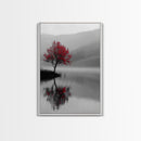Red Tree, Foggy Lake, Peaceful Landscape Scene, Framed Canvas Print, Autumn Nature Wall Art, Minimalist Fall Decor, Moody Aesthetic