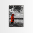Red Coat Figure, Lakeside Reflection, Mystery Forest Mood, Canvas Print, Autumn Minimalist Wall Art, Moody Storybook Decor, Nature Style