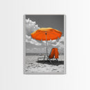 Orange Umbrella Shade, Beach Chill Scene, Relax Spot, Framed Canvas Print, Summer Wall Art, Vacation Vibe Decor, Minimalist Beach Art