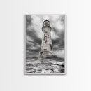 Rustic Lighthouse Shore, Weathered Tower Art, Stormy Coast Scene, Moody Seaside, Framed Canvas Print, nautical bathroom or den wall decor