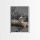 Egret Bird Scene, Autumn Riverbank, Wildlife Nature Print, Moody Wetland Landscape, Framed Canvas Print, Rustic Living Room Wall Art