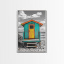 Colorful Beach Hut, Surf Shack, Coastal Cabin, Framed Canvas Print, Tropical Wall Art, Living Room Decor, Bright Summer Home Style