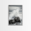 Ocean Splash, Rocky Coast, Dramatic Seascape, Monochrome Power, Framed Canvas Print, Coastal Wall Art, Entryway or Office Decor