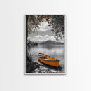 Lake Rowboat, Serene Waters, Mountain Reflection, Framed Canvas Print, Minimalist Nature Art, Living Room Wall Art, Tranquil Landscape