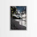 Sunset Beach, Rocky Coast, Dramatic Sky, Bold Light, Framed Canvas Print tropical sunset wall art, beach photography, bathroom decor