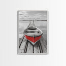 Red Rowboat, Dock Stillness, Minimalist Lake Scene, Canvas Print, Nautical Wall Art, Bathroom Decor, Tranquil Seascape, Coastal Aesthetic