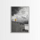 Yellow Raincoat, Ocean Storm, Moody Skies, Framed Canvas Print, Minimalist Wall Art, Coastal Entryway Decor, Contemplative Scene