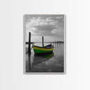 Green Yellow Boat, Serene Reflection, Dockside Calm, Framed Canvas Print, Coastal Bedroom Decor, Minimal Nautical Wall Art