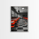 Retro Cafeteria, Red Chairs, Midcentury Modern Art, Canvas Print, Black and White Pop Art, Kitchen Wall Decor, Industrial Style