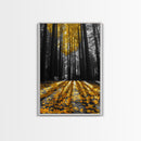 Golden Forest Light, Fall Leaves, Tall Trees Shadows, Tranquil Scene, Framed Canvas Print, Autumn Wall Art, Boho Living Room Decor