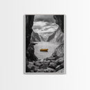 Yellow Boat, Mountain Lake, Serene Fjord Scene, Framed Canvas Print, Minimalist Wall Art, Nature Landscape, Scandinavian Decor
