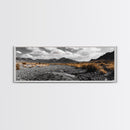 Desert Creek, Rugged Mountains, Golden Shrubs, Nature Path — Framed Canvas Print, Autumn Wall Decor, Rustic Office Art, Landscape Canvas