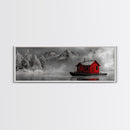 Red Cabin in Fog, Mountain Lake Boat House, Canvas Print, Winter Lodge Wall Art, Moody Nature Decor, Black and White Landscape Art