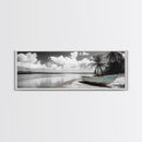 Tropical Boat, Deserted Beach, Palms and Clouds, Ocean Peace, Framed Canvas Print, Boho Wall Art, Bedroom Decor, Seaside Minimalism