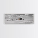 Winter Fishing, Ice House, Snowy Sky, Arctic Chill, Framed Canvas Print, Cabin Wall Art, Minimalist Winter Decor, Monochrome Scene