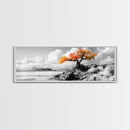 Autumn Tree, Coastal Cliff, Ocean Horizon, Framed Canvas Print, Autumn decor, rustic wall art, minimalist nature, neutral tones