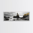 Sea Stacks, Rocky Shore, Golden Moss, Framed Canvas Print, coastal wall art, moody ocean print, beach house decor, nature photography