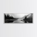 Foggy Pines, Mountain Reflection, Monochrome Wilderness, Canvas Print, black and white wall art, cabin decor, minimalist forest scene