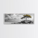 Lone Tree Cliff, Windy Ocean View, Golden Branches, Canvas Print, Moody Landscape Art, Neutral Tones, Office Wall Decor, Minimalist Style
