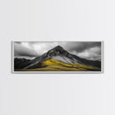 Black Mountain Peak, Moody Sky, Bold Yellow Hillside, Framed Canvas Print, Nature Art, Bedroom Wall Decor, Modern Landscape Print