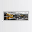 Yellow Autumn Forest, Lake Reflection, Black White Mountains, Canvas Print, Rustic Wall Art, Living Room Nature Scene