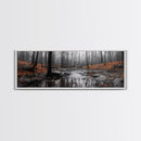 Autumn Forest Stream, Bare Trees, Orange Leaves, Framed Canvas Print, Fall Wall Art, Cozy Nature Scene, Entryway Decor