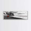 Red Jacket Wanderer, Moody Coastal Cliff Scene, Monochrome Photography, Framed Canvas Print, Modern Minimalist Office Wall Art