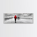 Red Jacket Walk, Rainy Boardwalk Scene, Urban Solitude, Moody Landscape Photography, Canvas Print, Entryway Wall Art, Minimalist Decor