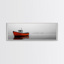 Orange Boat, Ocean Mist, Foggy Seascape, Calm Waters, Framed Canvas Print, Minimalist Nautical Art, Peaceful Wall Decor for Bedroom