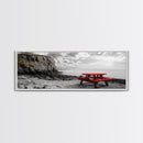 Red Picnic Table, Rocky Shore Cliffs, Bold Coastal View, Framed Canvas Print, Rustic Wall Art, Cabin Decor, Nature Lovers Gift