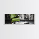 Green Leather Chair, Industrial Urban Scene, Chic Lounge Interior, Framed Canvas Print, Modern Wall Art, Man Cave Office Decor