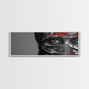 Eyes Closeup, Blue Eyes, Patterned Veil, Mysterious Portrait, Framed Canvas Print, Boho Bedroom Wall Art, Modern Glam Decor